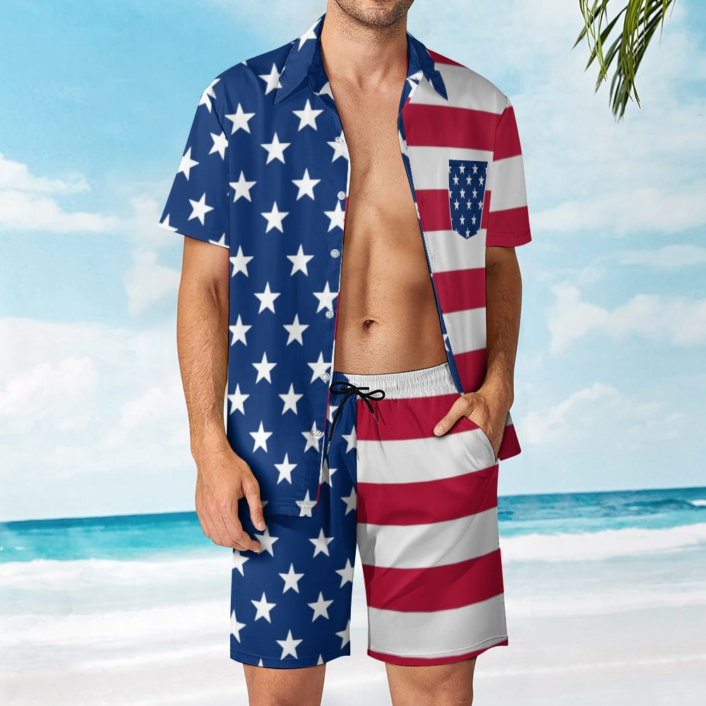 American Flag 2pc Casual Button Up Shirt and Swim Trunks Men's Beach Leisure Suit Outfit