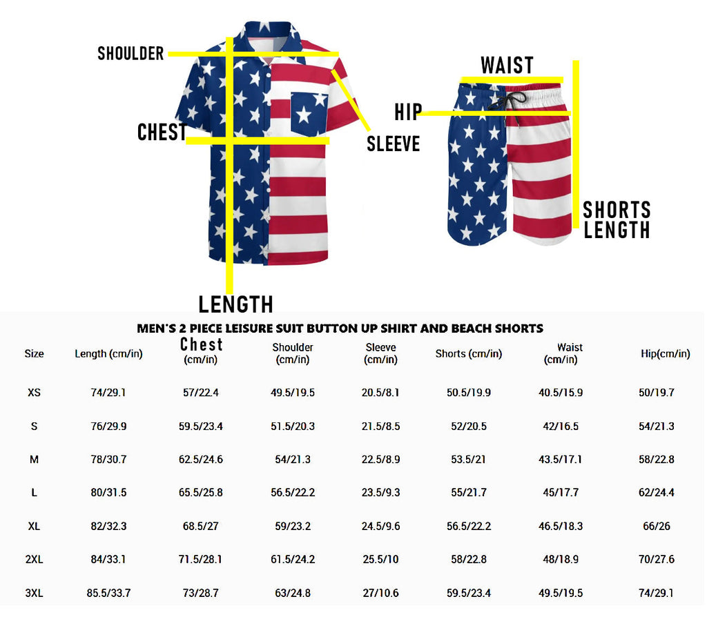 American Flag 2pc Casual Button Up Shirt and Swim Trunks Men's Beach Leisure Suit Outfit