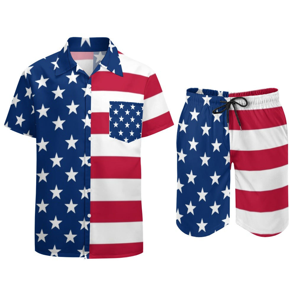 American Flag 2pc Casual Button Up Shirt and Swim Trunks Men's Beach Leisure Suit Outfit