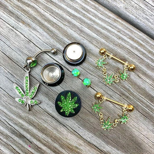14G 3/4 Green Gold Tone Weed Pot Leaf Dangle Nipple Ring Set