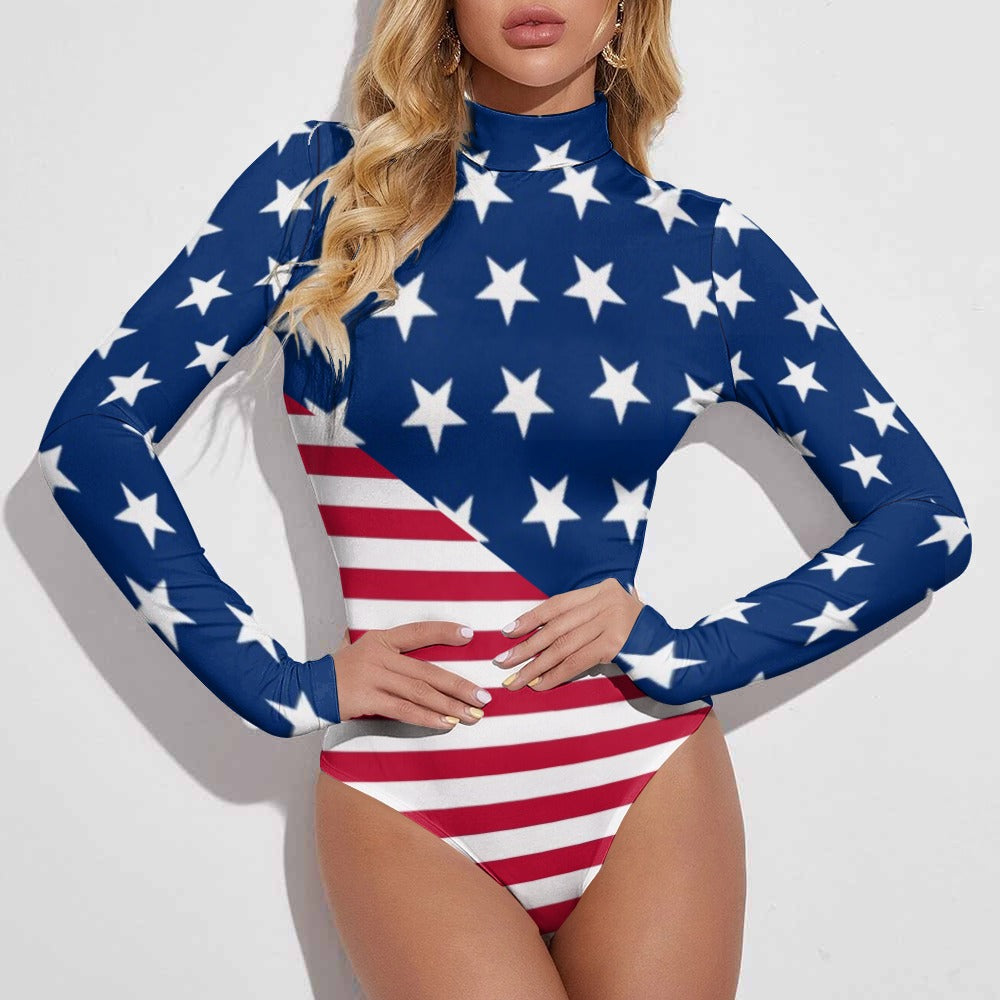 American Flag Star Spankled Long Sleeve Fashion Bodysuit Romper Onesie