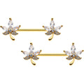 14G 3/4 Clear CZ Gem Gold Tone Pot Leaf Barbell Nipple Ring Set