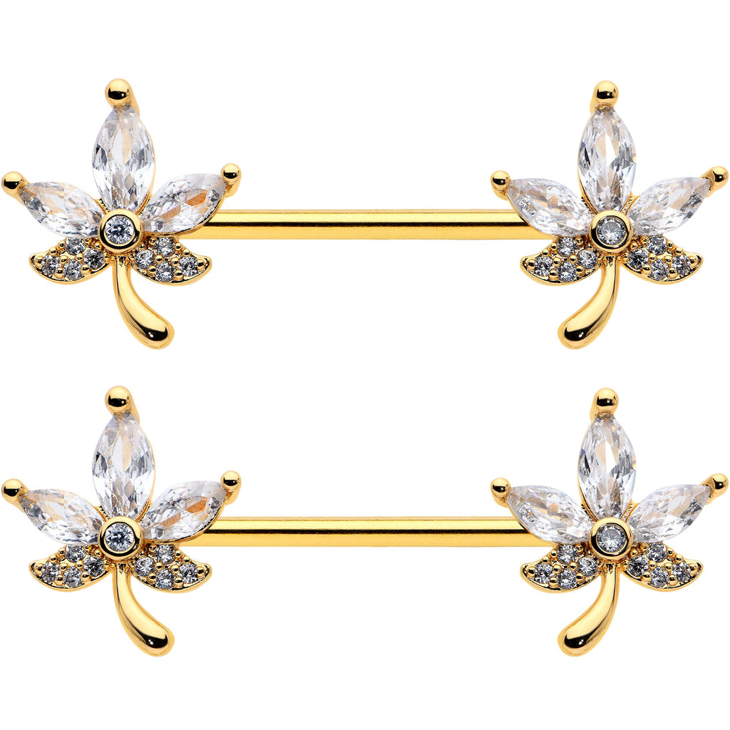 14G 3/4 Clear CZ Gem Gold Tone Pot Leaf Barbell Nipple Ring Set