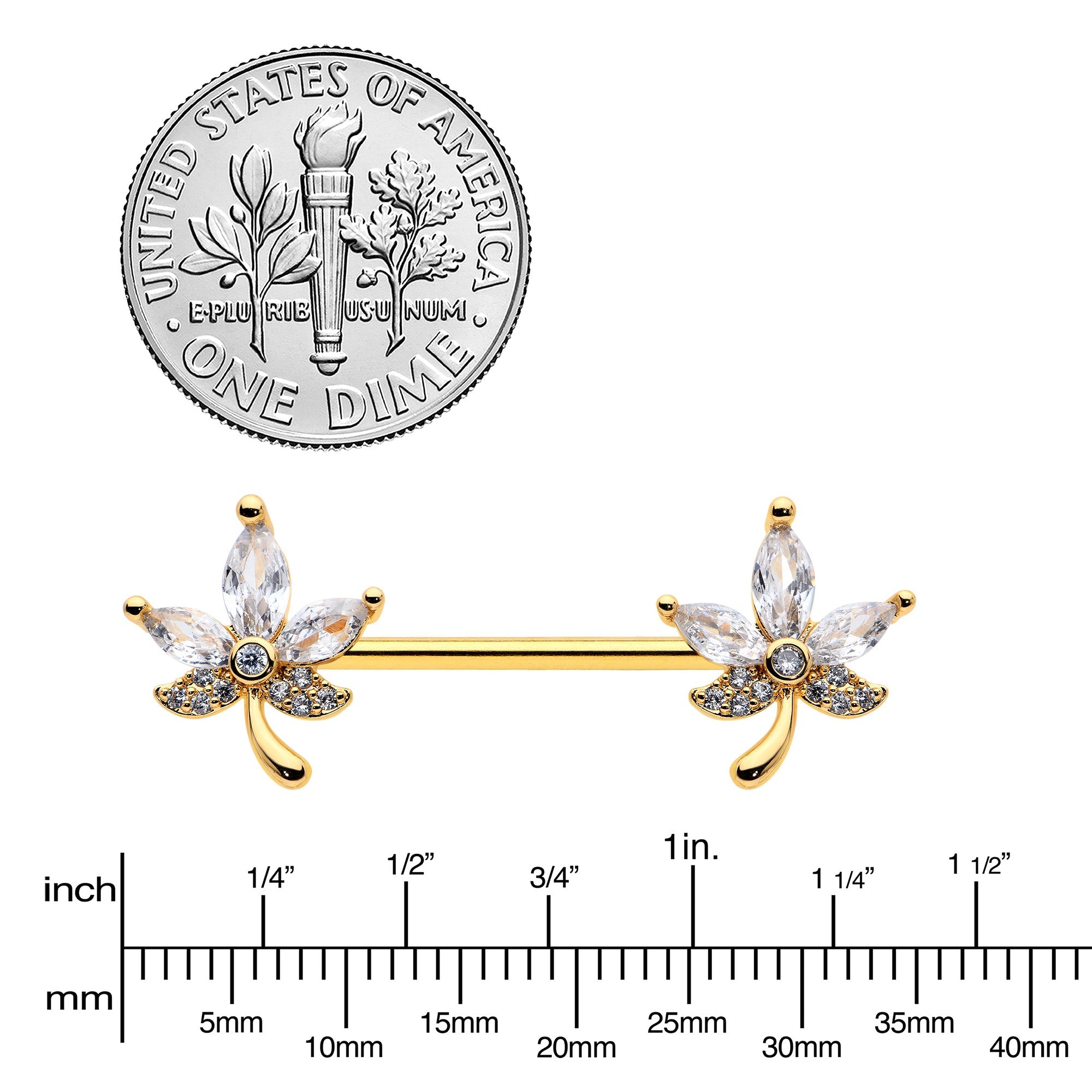 14G 3/4 Clear CZ Gem Gold Tone Pot Leaf Barbell Nipple Ring Set