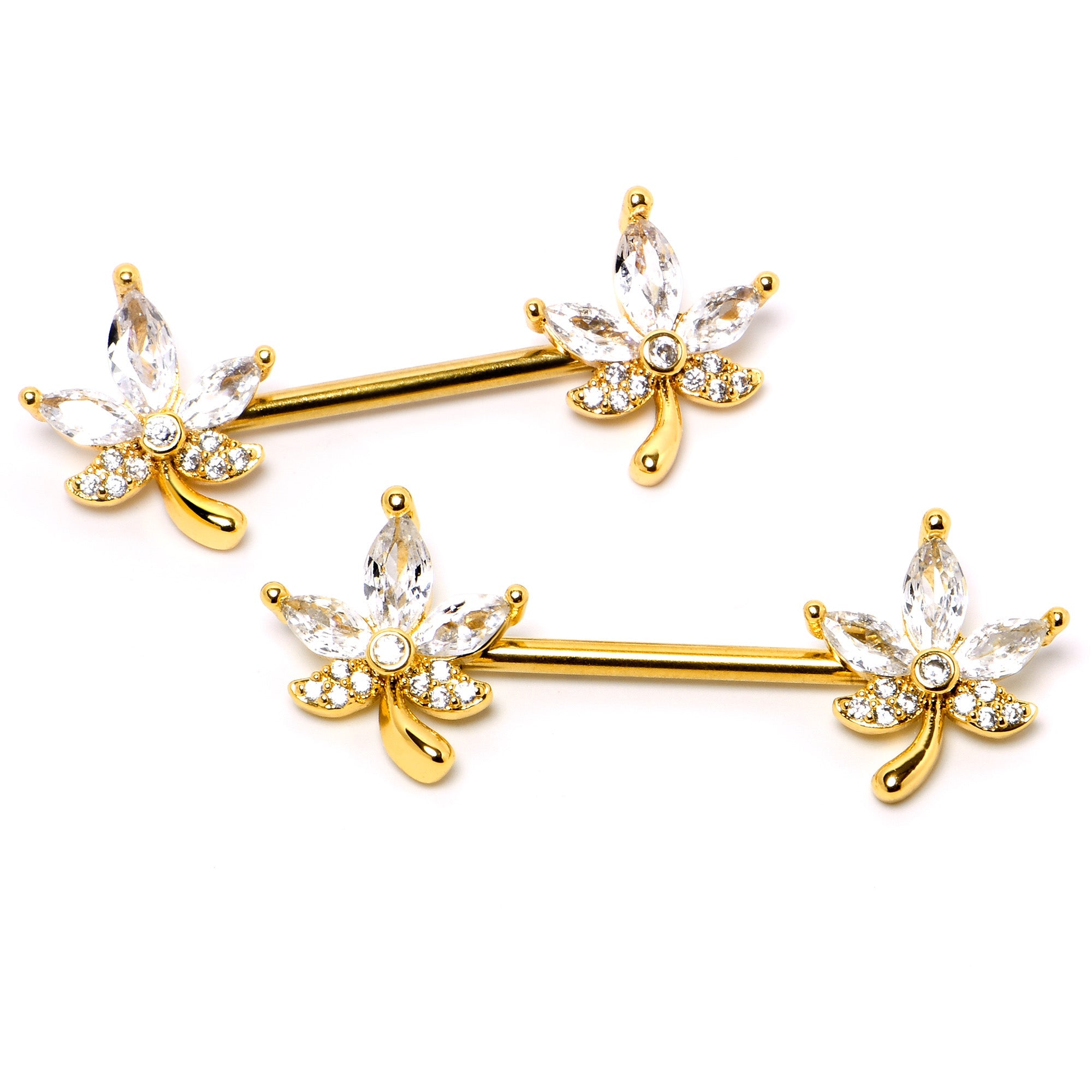 14G 3/4 Clear CZ Gem Gold Tone Pot Leaf Barbell Nipple Ring Set