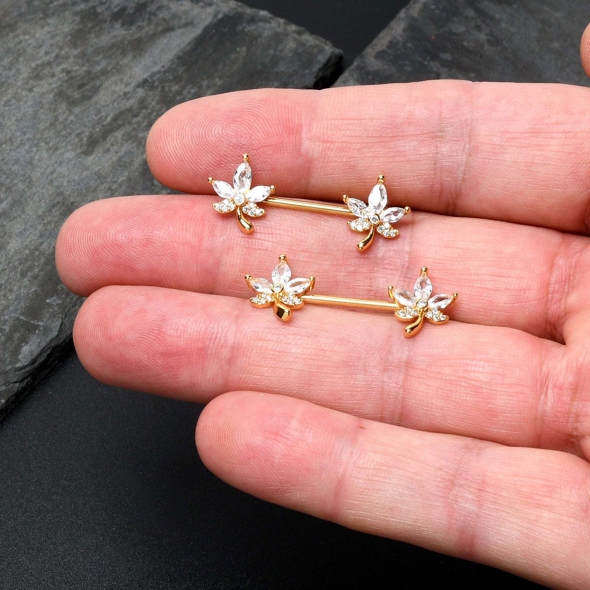 14G 3/4 Clear CZ Gem Gold Tone Pot Leaf Barbell Nipple Ring Set