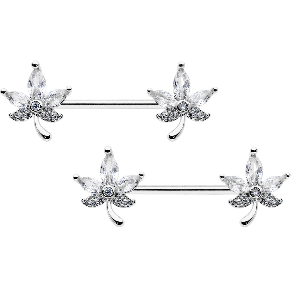 14G 3/4 Clear CZ Gem Pot Leaf Barbell Nipple Ring Set