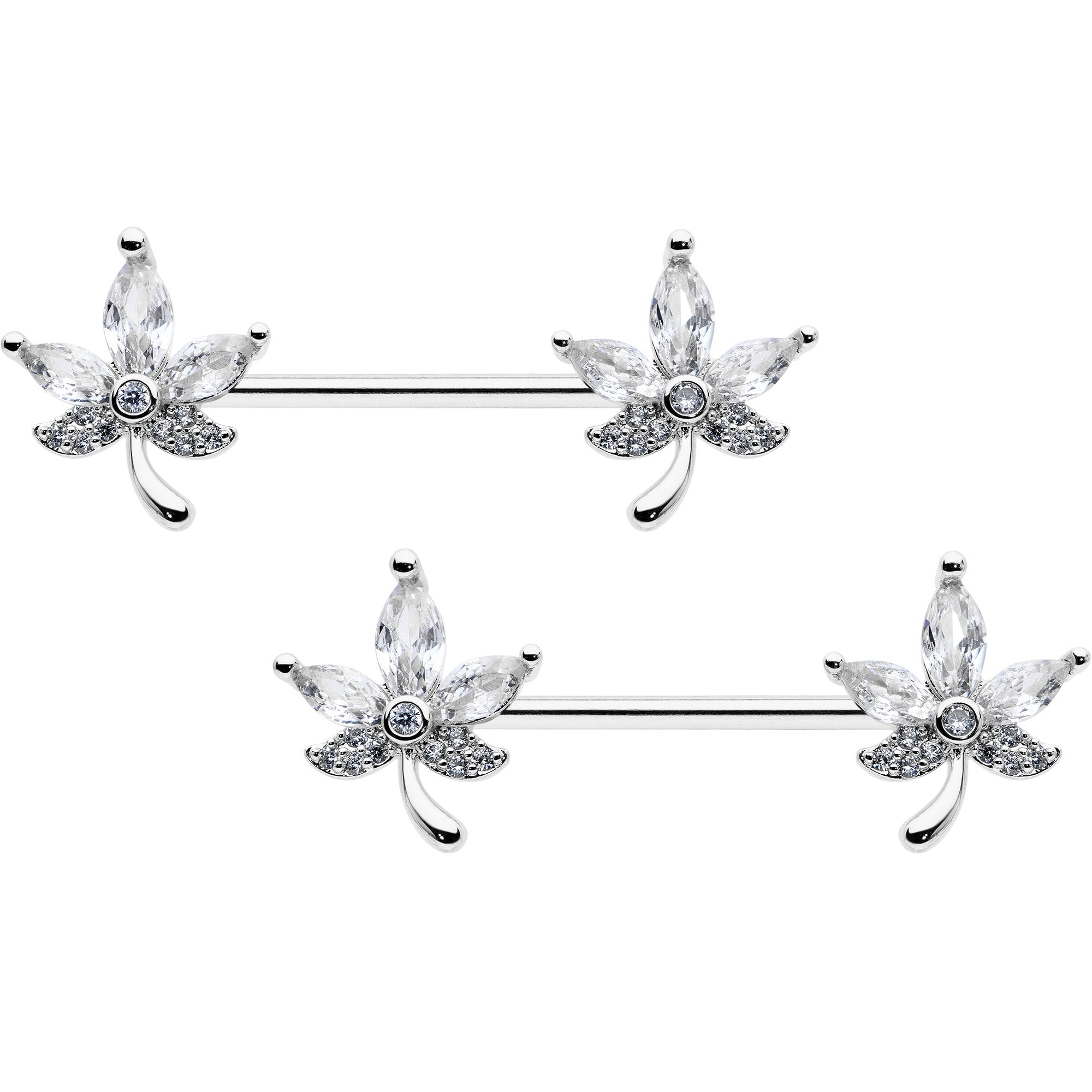 14G 3/4 Clear CZ Gem Pot Leaf Barbell Nipple Ring Set