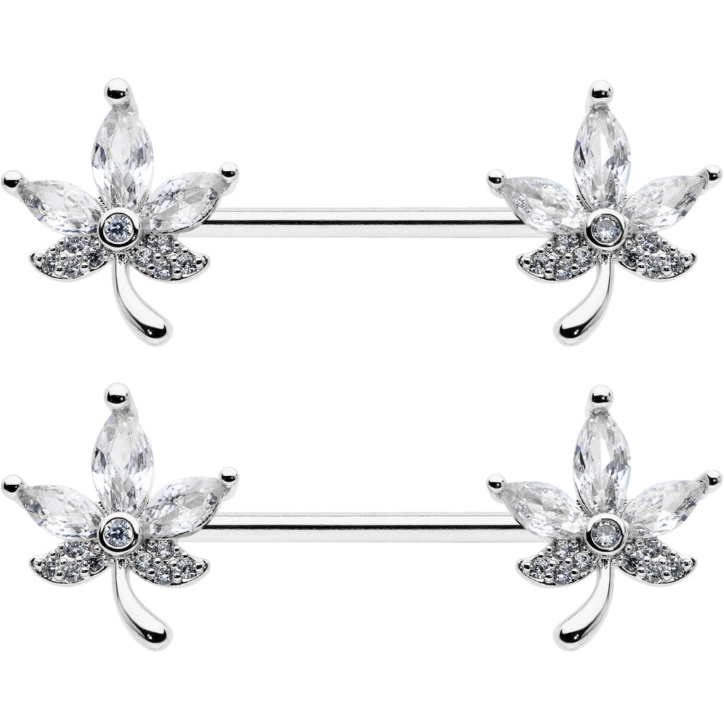 14G 3/4 Clear CZ Gem Pot Leaf Barbell Nipple Ring Set