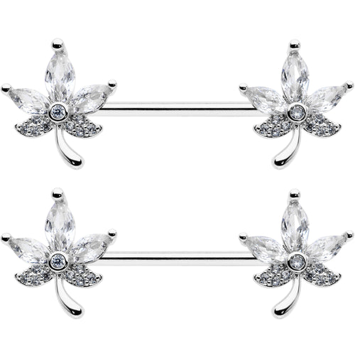 14G 3/4 Clear CZ Gem Pot Leaf Barbell Nipple Ring Set