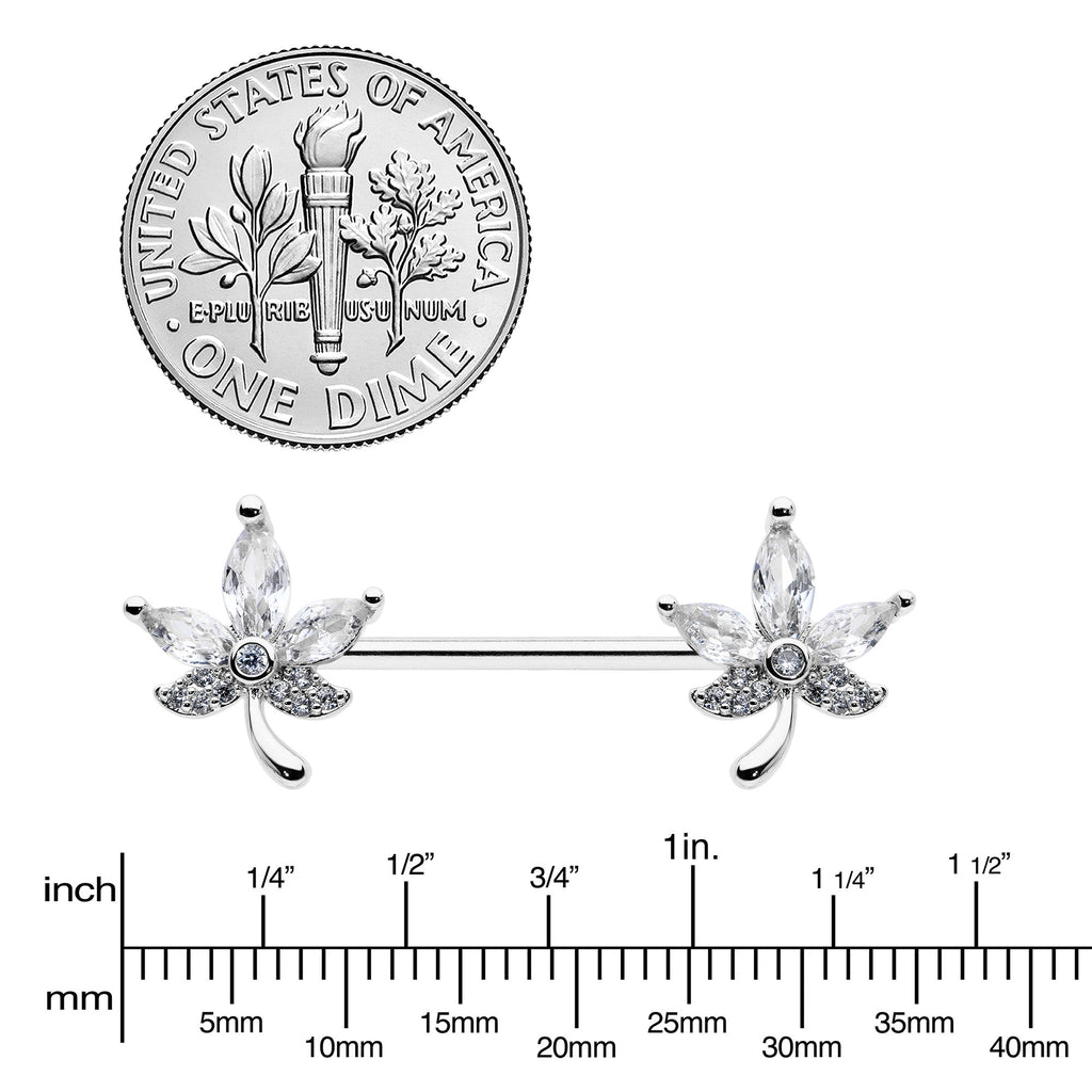 14G 3/4 Clear CZ Gem Pot Leaf Barbell Nipple Ring Set
