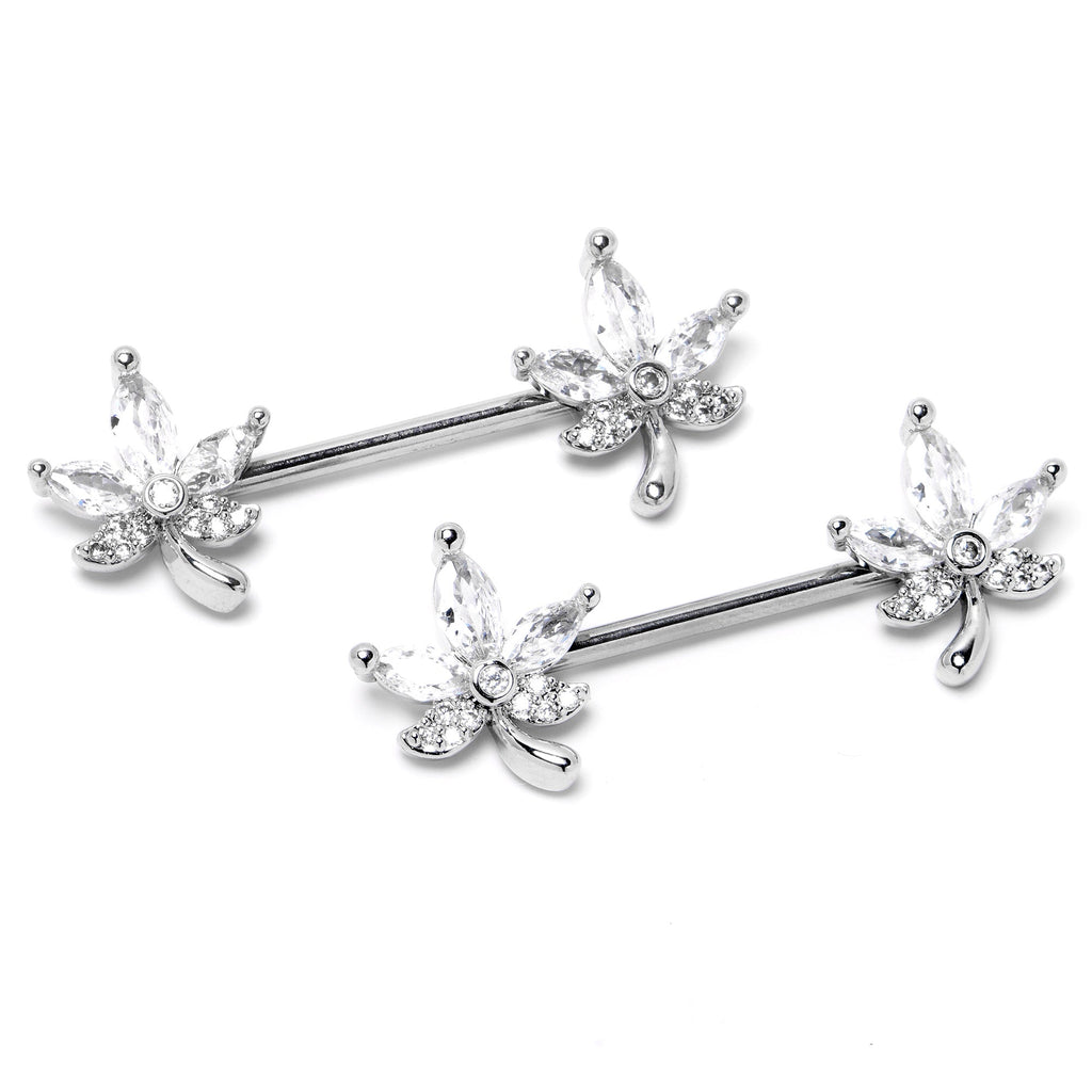 14G 3/4 Clear CZ Gem Pot Leaf Barbell Nipple Ring Set