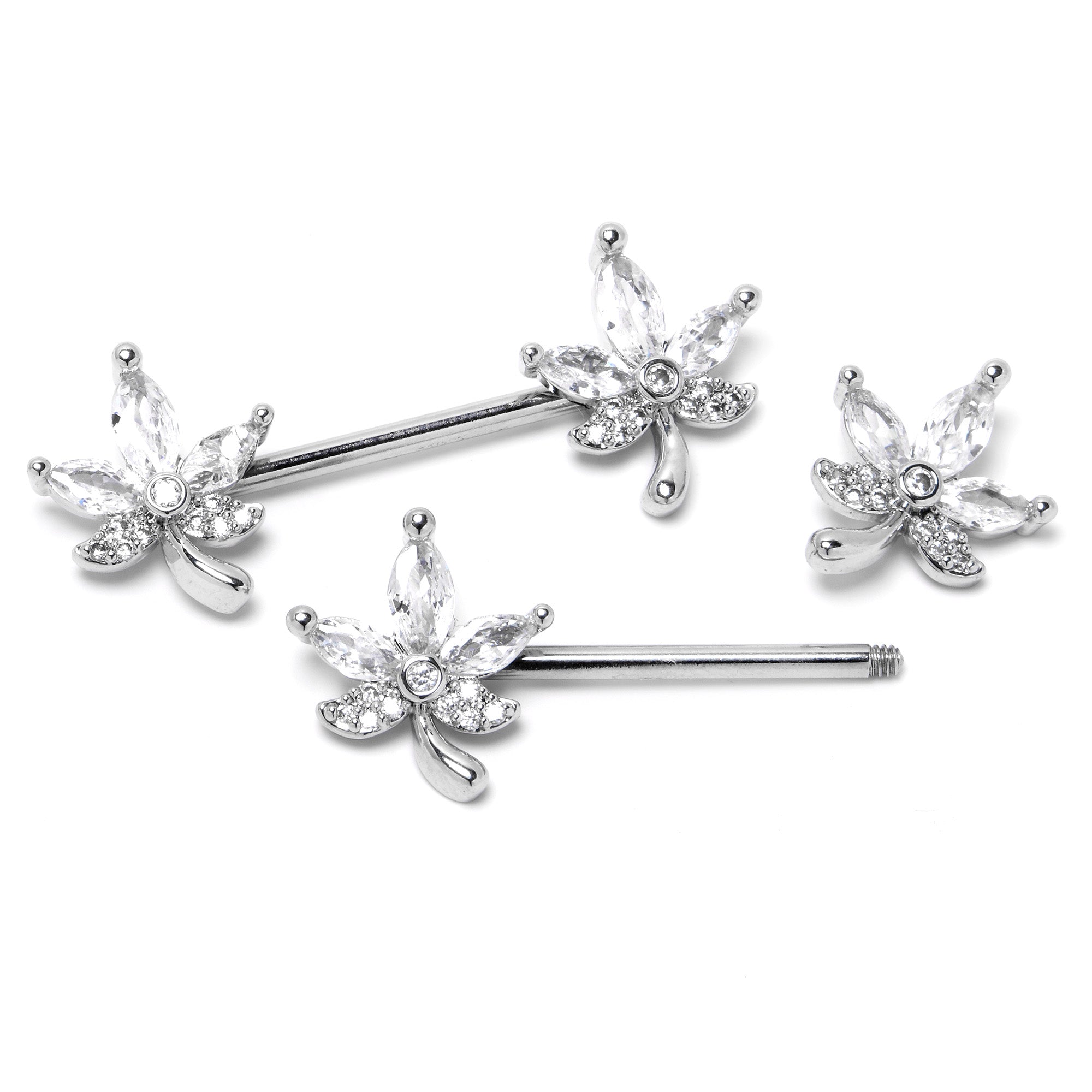 14G 3/4 Clear CZ Gem Pot Leaf Barbell Nipple Ring Set