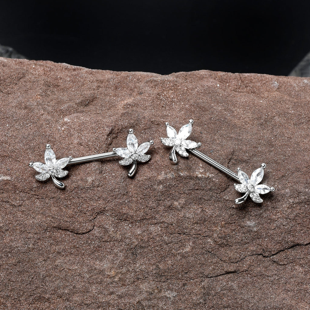 14G 3/4 Clear CZ Gem Pot Leaf Barbell Nipple Ring Set