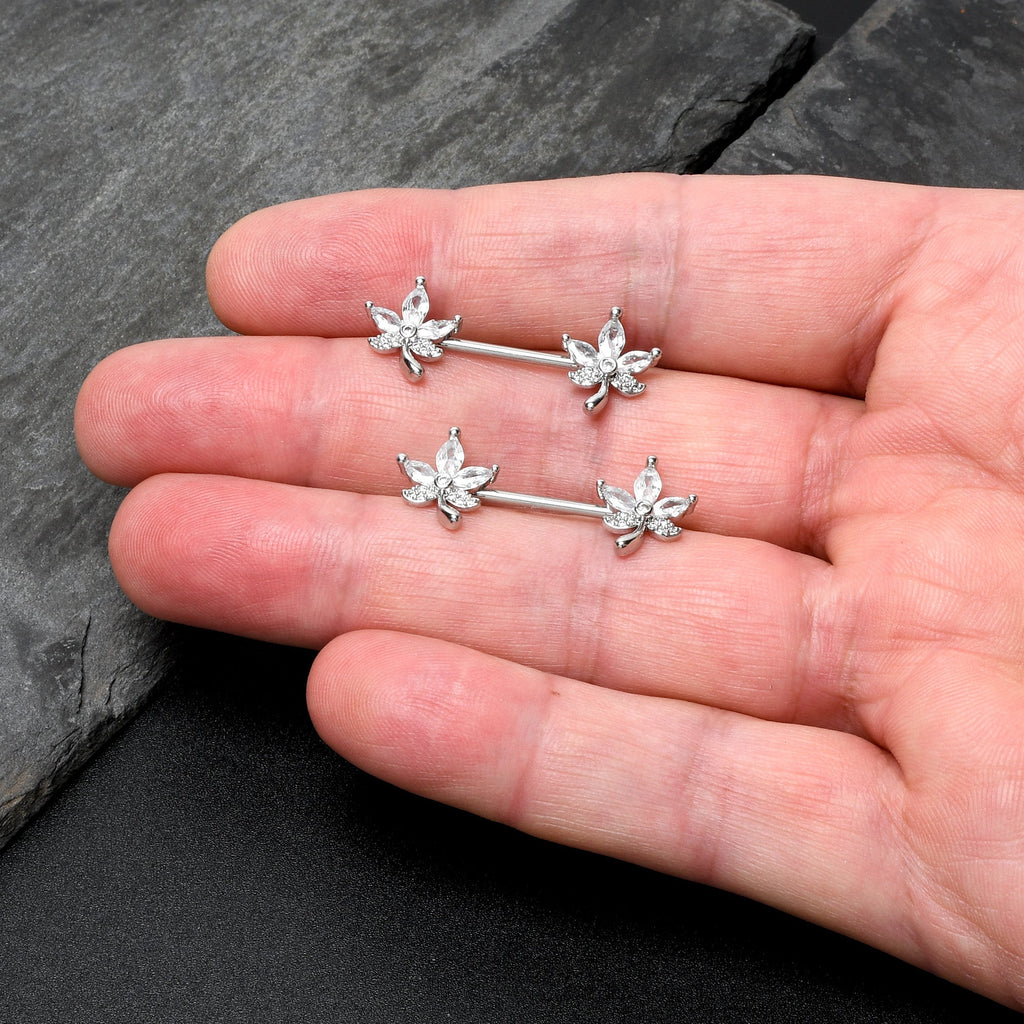 14G 3/4 Clear CZ Gem Pot Leaf Barbell Nipple Ring Set