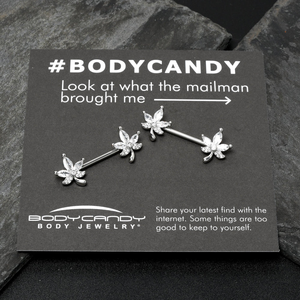 14G 3/4 Clear CZ Gem Pot Leaf Barbell Nipple Ring Set