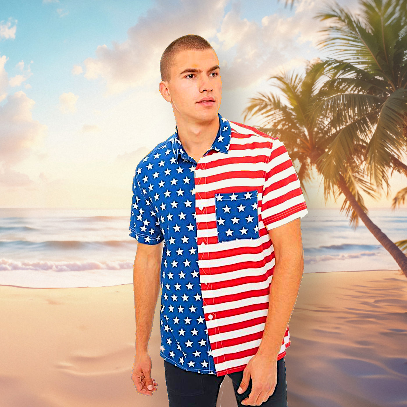 American Flag 2pc Casual Button Up Shirt and Swim Trunks Men's Beach Leisure Suit Outfit