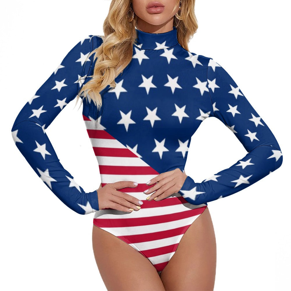 American Flag Star Spankled Long Sleeve Fashion Bodysuit Romper Onesie