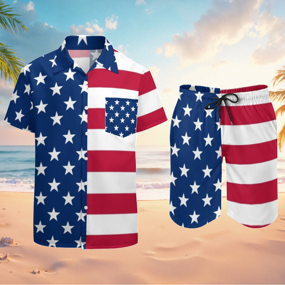 American Flag 2pc Casual Button Up Shirt and Swim Trunks Men's Beach Leisure Suit Outfit